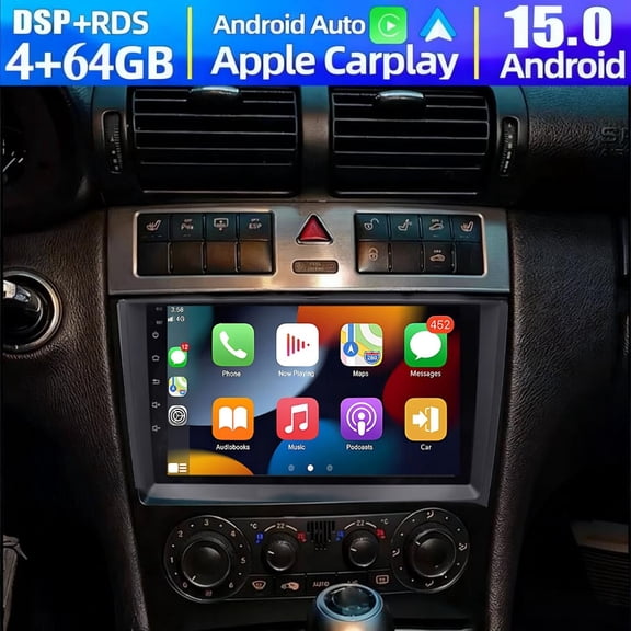 Molaner 4+64GB Android 15 Car Stereo Radio for Mercedes Benz C Class W203 2003-2009, 9 inch Car Audio Receivers Double Din Fit for Carplay Android Auto GPS Navigation SWC