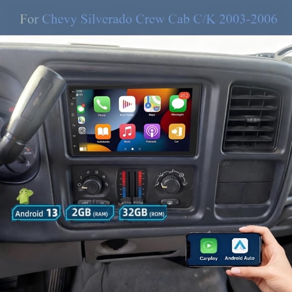 Corfhy Car Radio for Chevy Silverado Crew Cab C/K 2003-2006 Android 13 Fit for Wireless CarPlay/Android Auto, 7" Touch Screen/GPS Navigation/Bluetooth/FM, 2+32G