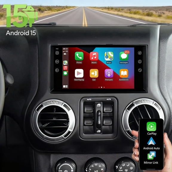 Corfhy Car Radio Upgrade for Jeep Wrangler 2007-2017 with 7 inch IPS HD TouchScreen/Android 15/ WiFi/Fit for Wireless CarPlay Android Auto/GPS FM/SWC Bluetooth, 2+32G