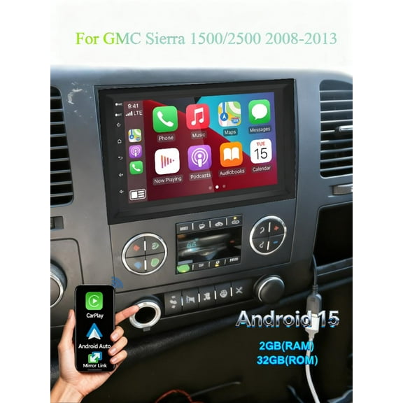 Molaner Double DIN Radio for GMC Sierra 1500/2500 2008-2013 Upgrade, Fit for Carplay Android Auto 7 inch Touch Screen Android 15 Support SWC GPS Navigation WiFi BT, 2+32G