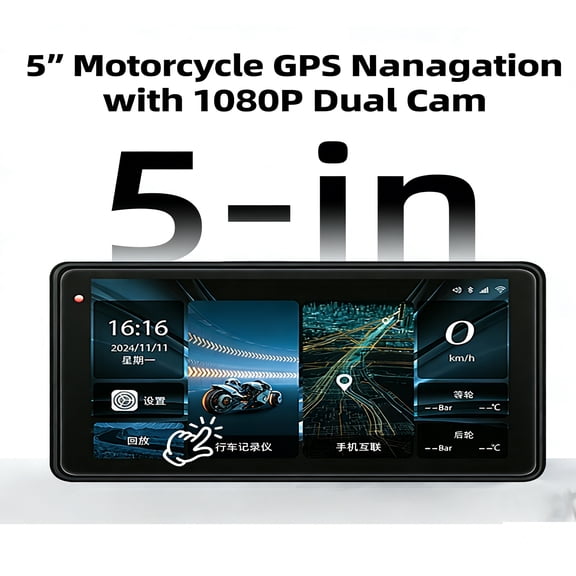 Molaner Motocycle 5-Inch Motorcycle GPS Navigation System with 1080P Dual Cam, 150 Wide-Angle View Waterproof Touchscreen, Bluetooth 5.0 Audio,WiFi & Mirror Link