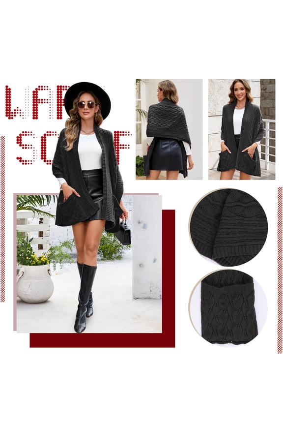 Women Knit Shawl Wrap Winter Soft Scarf with Pockets, 68.9 Inch Blanket Shoulder Wrap for Winter Christmas Commuting Shopping, Black