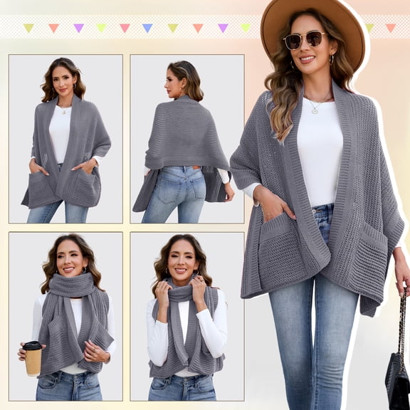 Molaner Women Knit Shawl Wrap Winter Soft Scarf with Pockets, 68.9 Inch Blanket Shoulder Wrap for Winter Christmas Commuting Shopping, Dark grey