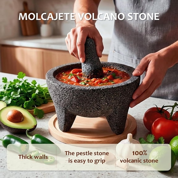 Molcajete 7 Inch Handmade Volcanic Stone Mortar and Pestle for Authentic Mexican Spices Salsa Guacamole