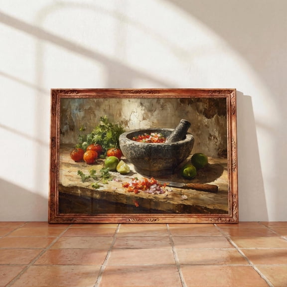 Molcajete Salsa Poster, Rustic Mexican Kitchen Wall Art
