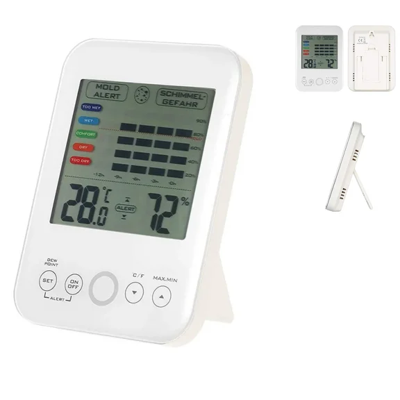 Mold Hygrometer Alarm Digital Hygrometer Indoor Thermometer with LCD Display, 1 Pack (White, One Size)