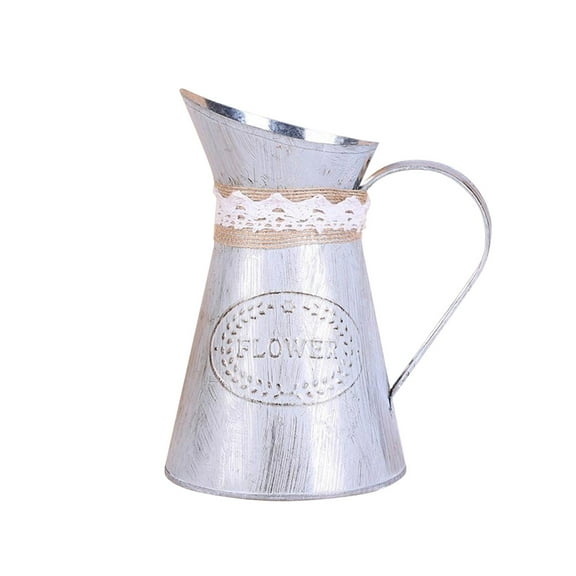Vintage Metal Flower Vase Decorative Jug, Rustic French Country Style Pitcher for Home, Garden, Wedding Centerpiece, Farmhouse Table Decor, Shabby Chic Container for Artificial Flowers and Plants