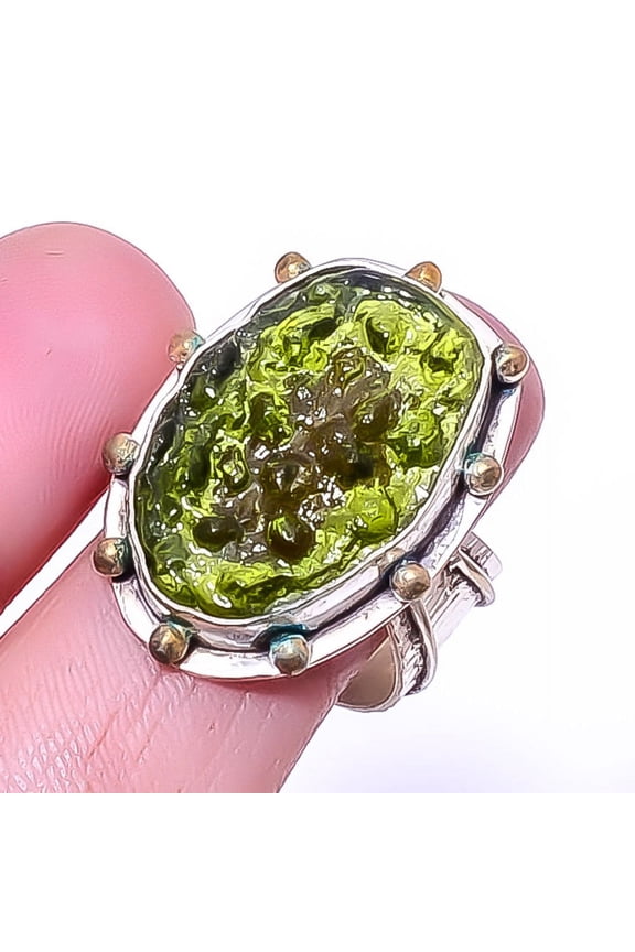 Moldavite 925 Sterling Silver Two Tone Gold Plated Ring s.8.5 A364, Christmas Gift, Gemstone Silver Jewelry, Moldavite Ring, New Year Sale