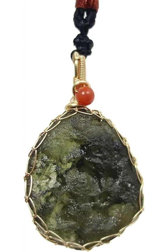 Moldavite Crystal 14K Gold Plated Necklace,Raw Real Czech Meteorite Tektite Stone Healing Crystal Necklace,Irregular Shape,Green