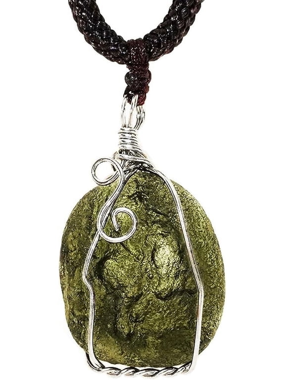 Moldavite Crystal Necklace,Raw Czech Meteorite Stone Birthstone Pendant,Green,Irregualr Shape,Wire Wrap