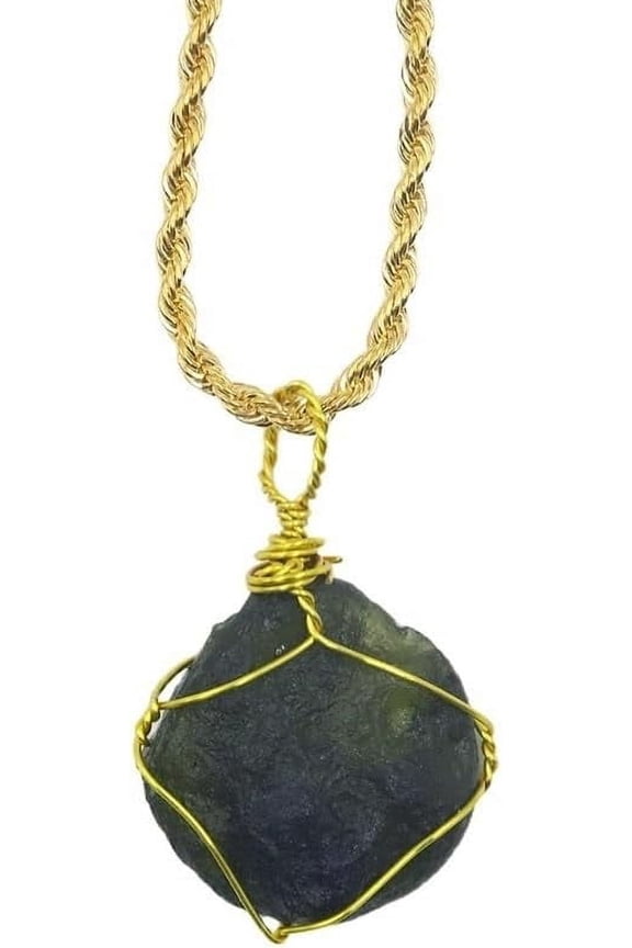 Moldavite Crystal Wire-Wrapped Necklace,Raw Meteorite Irregular Tektite Necklace