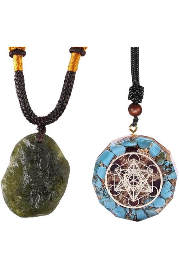 Moldavite Czech Meteorite Glass Raw Rough Stone Necklace and Orgone Metatron Cube Pendant Emf Necklace(Set of 2)