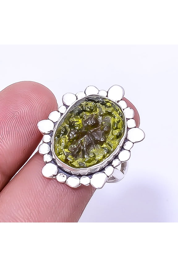 Moldavite Designer Handmade 925 Sterling Silver Ring S.8 R_9413_214_12, Gemstone Jewelry, Birthday Gift, Christmas Gift