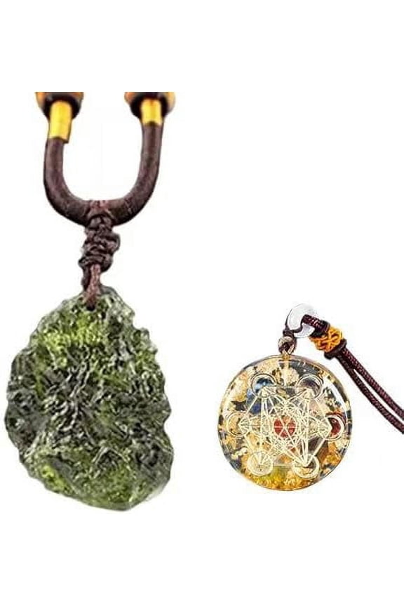 Moldavite Pendant Raw Meteorite Necklace AND Orgone Metatron Cube Pendant Emf Necklace(Set of 2,Buy 1 Get 1)