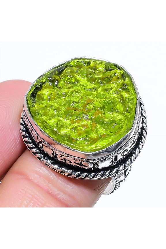 Moldavite Quartz Gemstone Handmade 925 Sterling Silver Gift Jewelry Ring Size 8