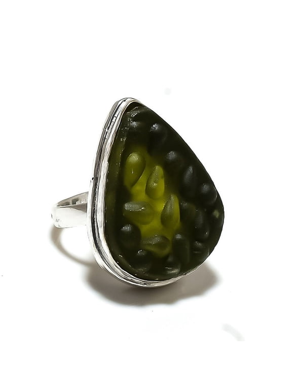 Moldavite Quartz Gemstone Handmade 925 Sterling Silver Jewelry Ring Size 7