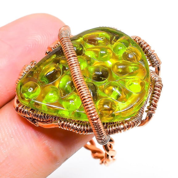 Moldavite Quartz Gemstone Handmade Copper Wire Wrap Jewelry Ring Size 10.5