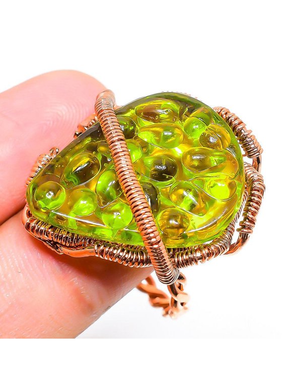 Moldavite Quartz Gemstone Handmade Copper Wire Wrap Jewelry Ring Size 10.5