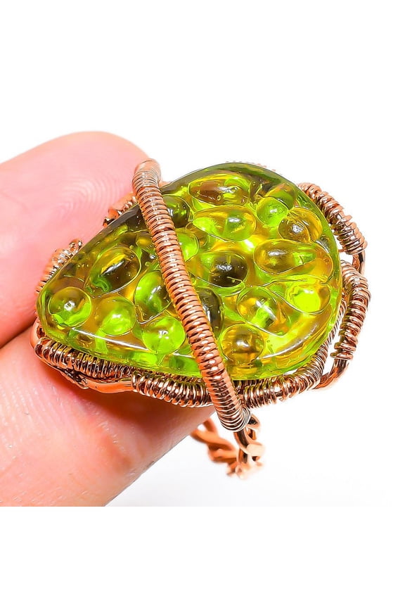Moldavite Quartz Gemstone Handmade Copper Wire Wrap Jewelry Ring Size 10.5