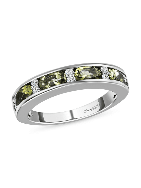 DELIVERING JOY Zircon & Moldavite Ring Band Silver - Half Eternity Jewelry for Women Size 8 - Wedding Anniversary Engagement Birthday Gifts