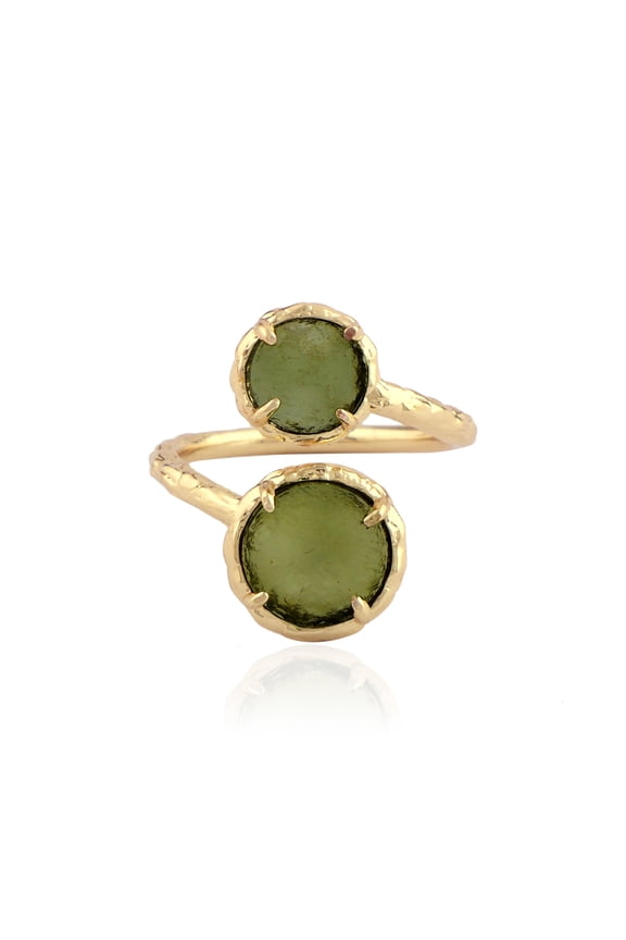 Dual Stone Natural Moldavite Gemstone Ring for Men and Women, Textured Band, Gift Jewelry