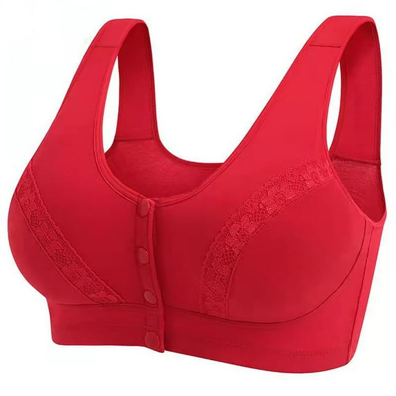 Molded Bra Women Plus Size Bra,Casual Lace Front Button Regular Strap Underwire Bra Plus Size Extra-Elastic Wire-Free V-Neck Padded Bra Front Snap Closure Soft Bra Style Y-278 , Red S