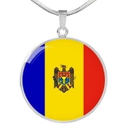 Moldova Flag NecklaceCircle Pendant Necklace Stainless Steel 24 Inch Chain Silver Tone or Gold Tone