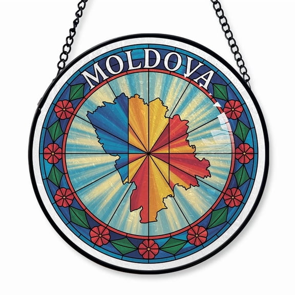 Moldova Travel Decor Suncatcher Stained Glass Window Hanging, Gift for Traveller, Collection of Country Travel Souvenirs for Family and Friends, Moldova Map and Flag Décor