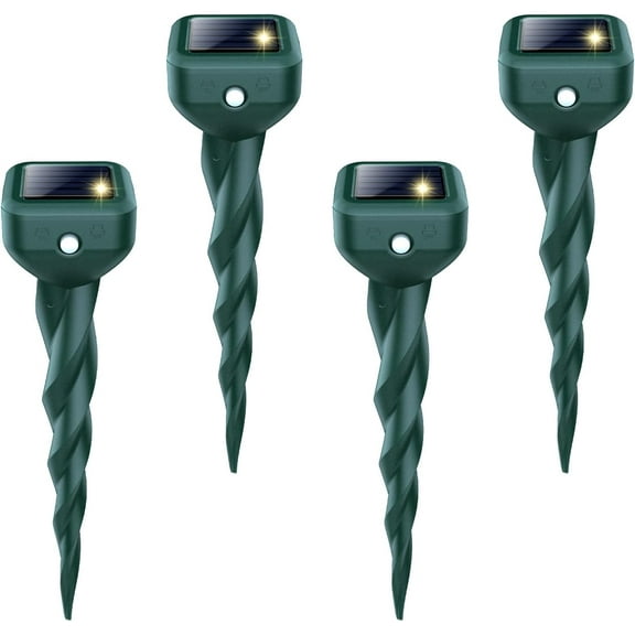 Mole Repellent Solar Powered, 4 Pack Snake & Skunk Repellent for Yard, IP 65 Waterproof Ultrasonic Deterrent Stakes, Get Rid of Rabbit, Gopher, Vole, Chipmunk, Deer, Groundhog for Lawns Garden