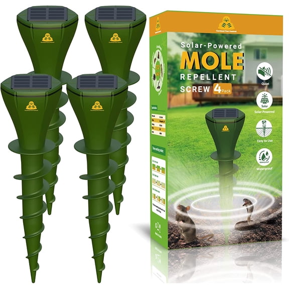 Mole Solar Powered Outdoor Groundhog Deterrent Vibration Stakes Quiet Get Rid of Snake Vole Gopher Armadillo for Yard Lawns - No Noise Poison Traps (Green 4pack)