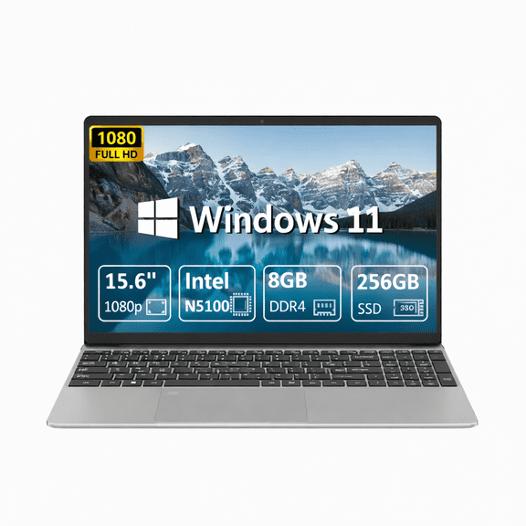 Molegar 15.6 inch Slim Laptop, Intel N5100 Quad-Core, 8GB RAM, 256GB SSD, 1080P FHD Display, Fingerprint Security, Silver - Great for School & Business