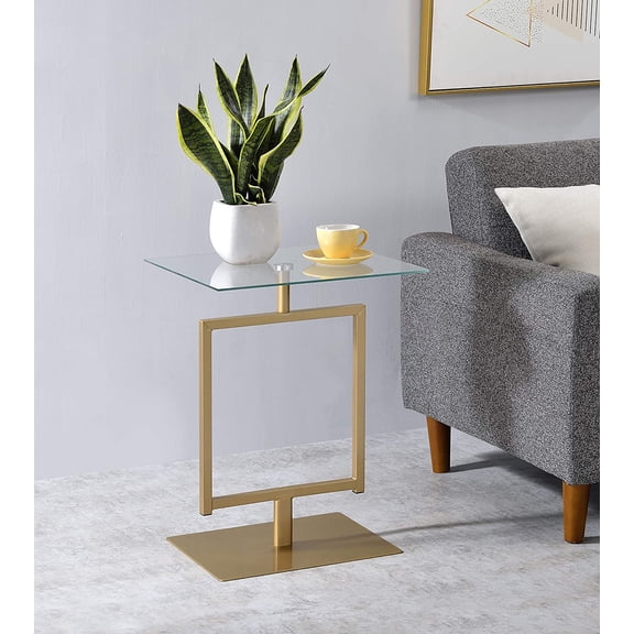 Molein Side Table, Gold Metal Base with Tempered Glass Top, Modern Rectangular Pedestal Accent Table for Living Room, Bedroom, or Entryway