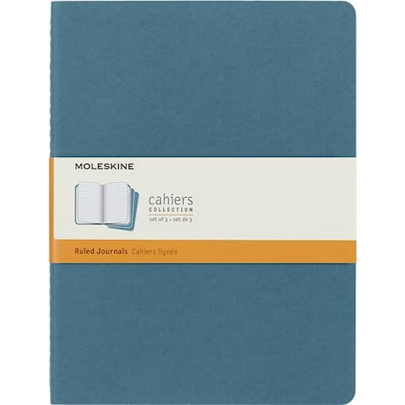 Moleskine Cahier Journal, Soft Cover, XL (7.5" x 9.5") Ruled/Lined, Brisk Blue, 120 Pages (Set of 3)