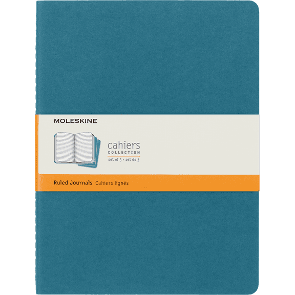 Moleskine Cahier Journals (Set of 3), XL (7.5" x 10"), Ruled, Brisk Blue