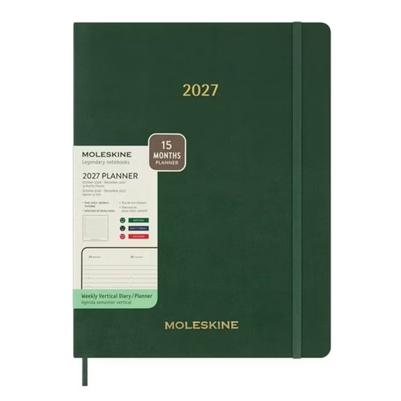 Moleskine Essential Planner 15 Month Weekly Vertical Diary/Planner Planners & Appointment Book with Stickers & Sticky Notes, Green