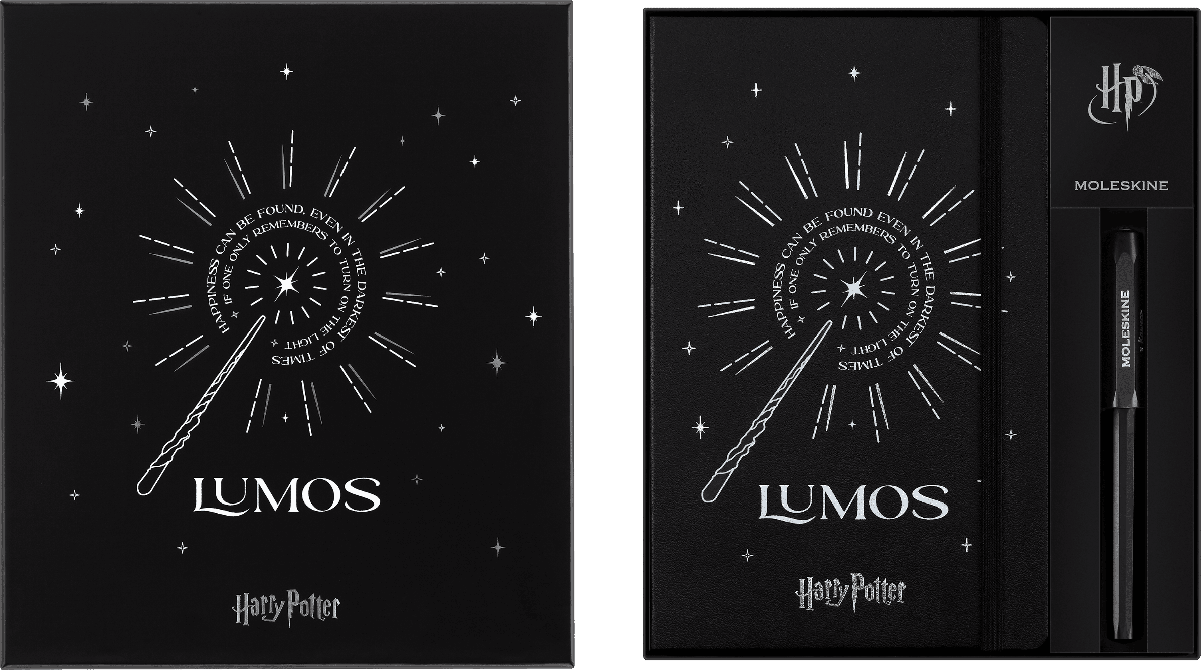 Moleskine Limited Edition Harry Potter Lumos spell Notebook with glow in the dark special-effect and Kaweco Roller Pen with Gift Box, Hard Cover, Ruled, Large (5" x 8.25"), Black, 176 Pages