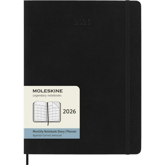 Moleskine, Moleskine Monthly Extra Large Black Soft Cover 12 Month 2026 Planner, 7.55'' X 9.95'', 12-Month Calendar with Adhesive Binding