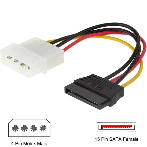 Molex to SATA Power Cable 6 inch, 4 Pin Male to 15 Pin Female Adapter for PC Hard Drive