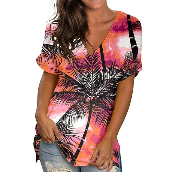 Molidfa Blouses for Women Red Classic Fit Hawaii Palm Trees Short Sleeve V-Neck Palm Trees Blouses & Tops Womens Tops Summer