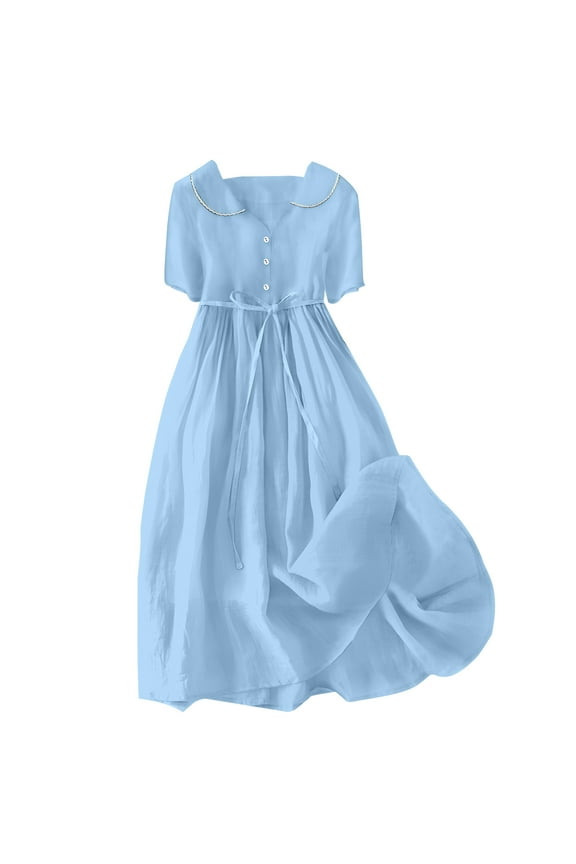 Cotton And Linen Casual Summer Dresses for Women Solid Loose Blue Collared Ladies Summer Dresses