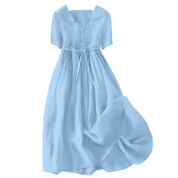 Molidfa Cotton And Linen Casual Summer Dresses for Women Solid Loose Blue Collared Ladies Summer Dresses