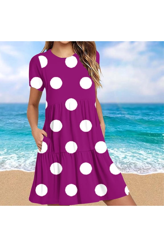 Crew Neck Casual Summer Dresses for Women Polka Dot Purple T-Shirt Drop Shoulder Ladies Summer Dresses