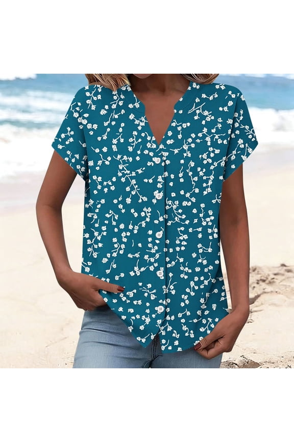 Ditsy Floral Button Front Top V Neck Loose Fit Womens Summer Casual Tees