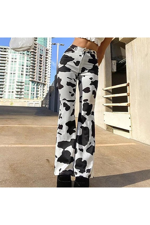 Flare-Leg Jeans for Women Trendy Cow Pattern High Rise Denim Pants White Pants Ladies
