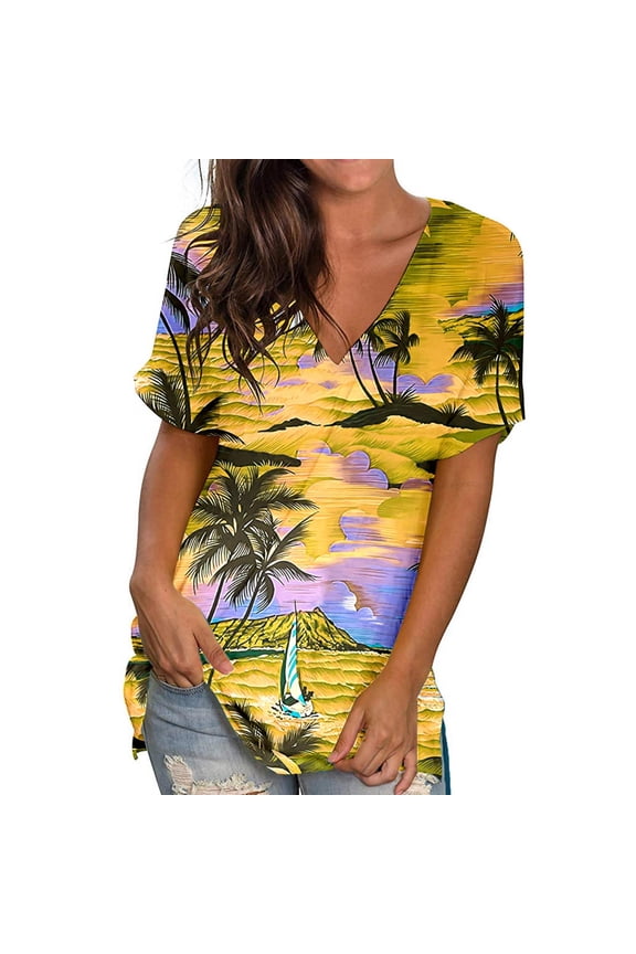 Hawaii Women Top Casual Classic Fit Yellow Palm Trees Palm Trees Short Sleeve V-Neck Blouses & Tops Tops for Women