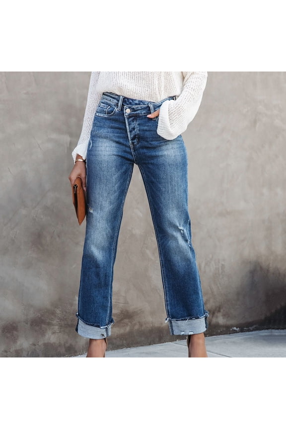 Jeans for Women Trendy Stretchy Frayed Cuffed With Pockets Solid Denim Pants Blue Women Pants