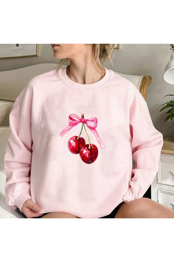 Long Sleeve Womens Sweatshirt Bow Cherry Print Pullover Pink Womens Going Out Tops