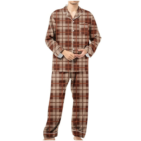 Molidfa Pockets Mens Pajamas Plaid Big And Tall Long Sleeve Sleepwear Button 2 Pieces Brown Collared Pajama Sets for Men