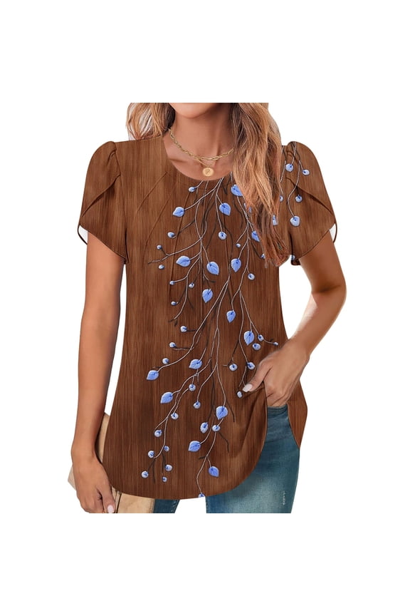 Printed Round Neck Short Sleeve Pull-On Pullover Regular Everyday Floral Puff Graphic Tees Puff Women's Short-Sleeve Shirts