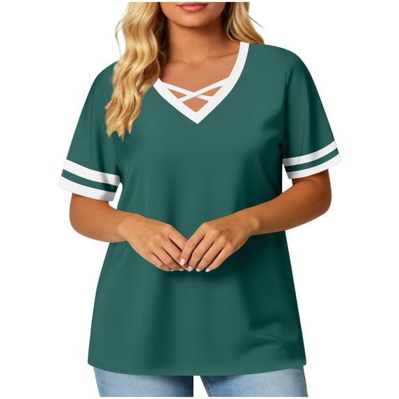 Molidfa Pull-On V-Neck Stretchable Regular Ringer Short Sleeve Daily Set-In Sports Women's Short-Sleeve Shirts Solid Set-In